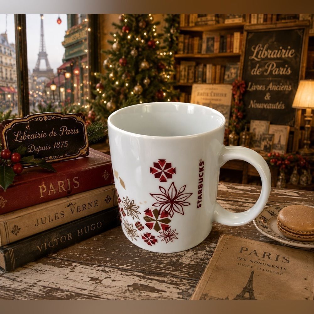 *Starbucks* Holiday Cheer Gold & Red Snowflake Mug EUC